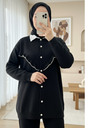 Frilled Front Pearl Buttoned Knitwear Cardigan -Black