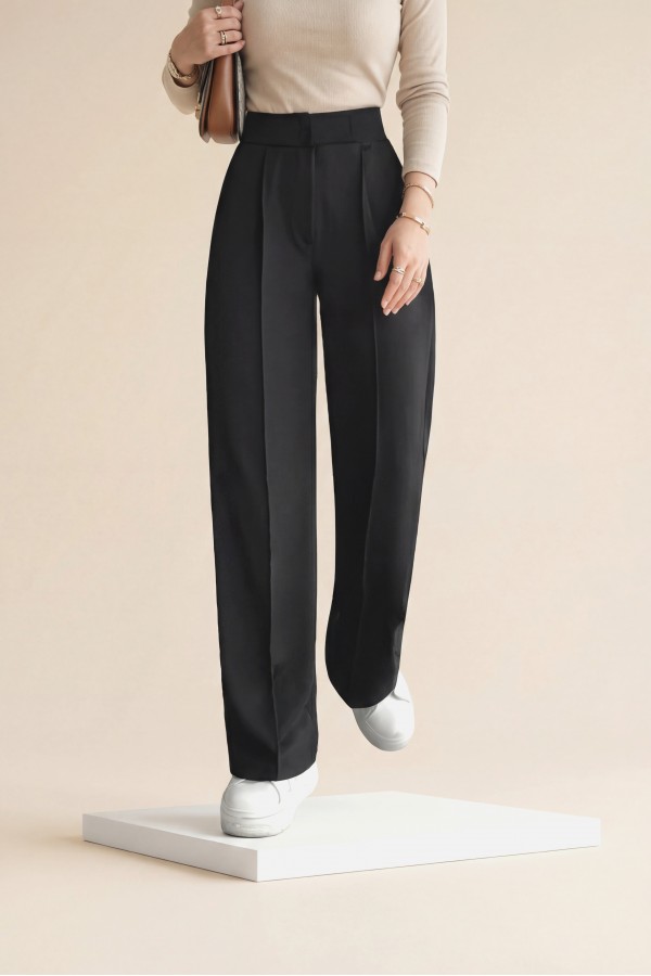 Tube Leg Fabric Trousers with Velcro Waist Detail -Black