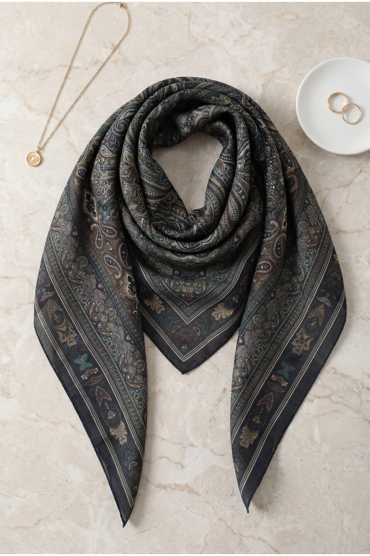 Framed Ethnic Pattern Cotton Scarf -Navy blue