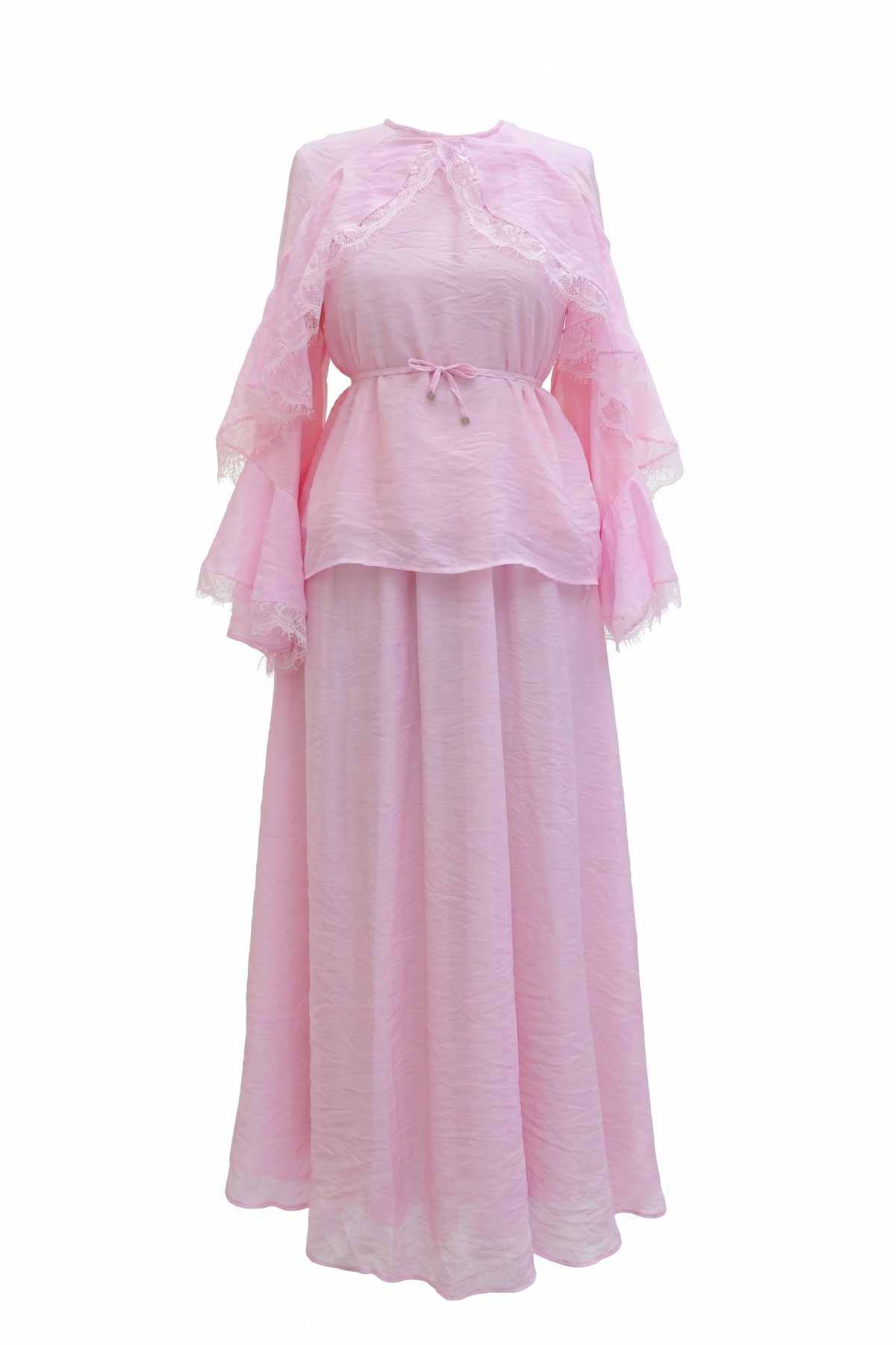 Lace-detailed, Spanish-style sleeve, lined, belted tulle voile skirt set -Pink
