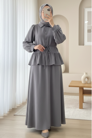 Parçalı Büzgülü Bluz Etekli Takım -Gri