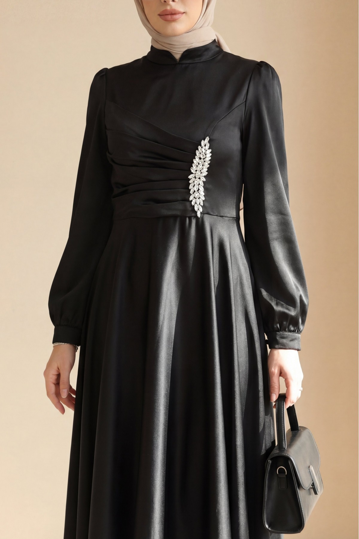 Satin Dress with Draped Front and Stone Embellishments -Black