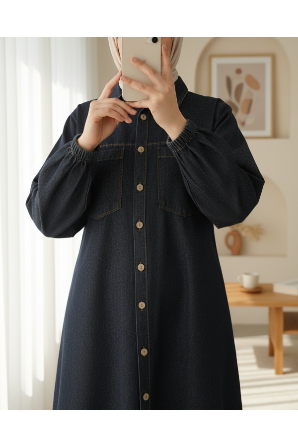 Denim Dress with Button -Anthracite