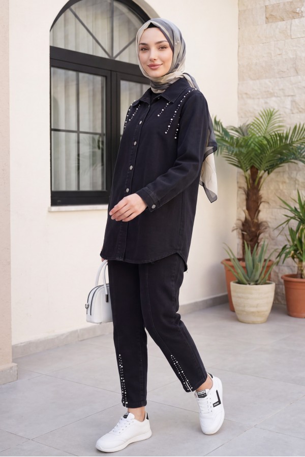Double Denim Suit with Slits and Stone Detail  -Black