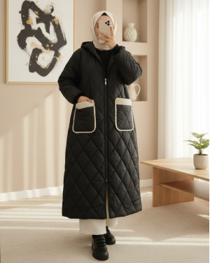 Cepli Kapşonlu Fermuarlı Astarlı Uzun Kapitone Kaban -Siyah