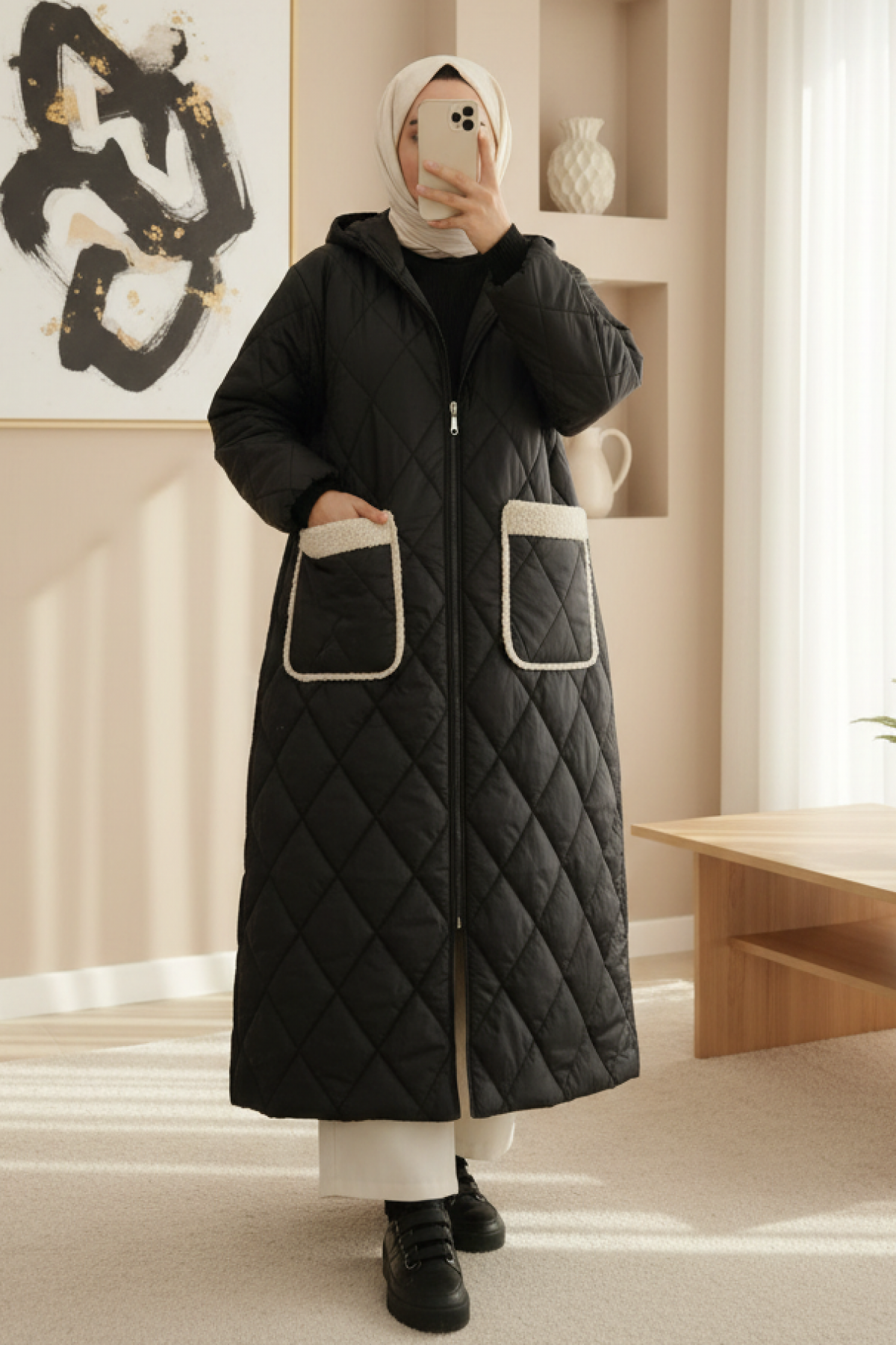 Long Quilted Coat with Pocket, Hood, Zipper and Lining -Black