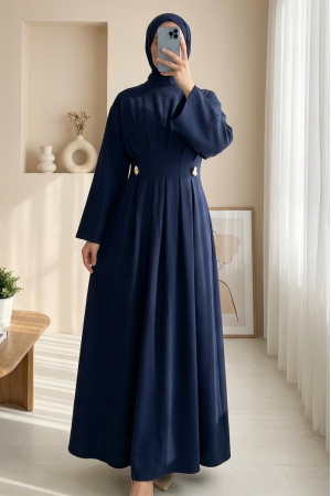 Pileli Beli Kemerli Toka Detaylı Modal Elbise -Laci