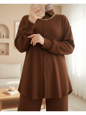 T5858 Örme Tesettür İkili Takım - Kahverengi