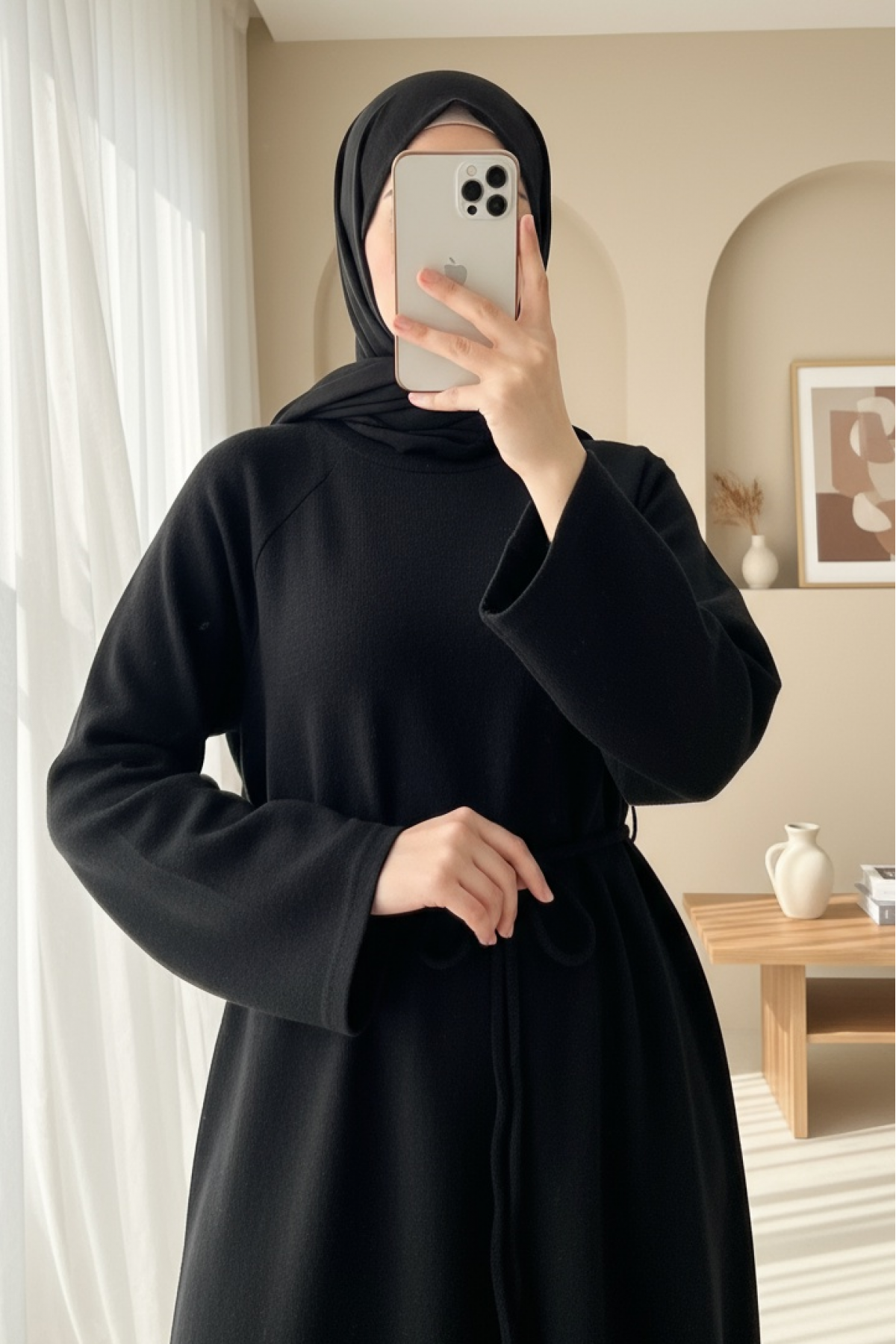 Round Neck Selanik Dress with Tie Waist -Black