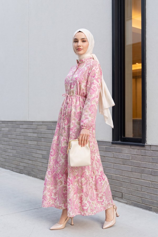 Mandarin Collar Half-Button Mixed Patterned Polycotton Dress with Elasticated Sleeves -Pink