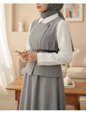 Çapraz Düğmeli Yelek Etek İkili Takım  -Gri