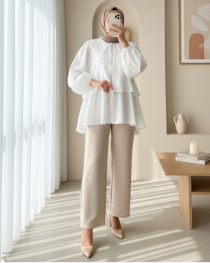 Bebe Yaka Önü Bağcıklı Eteği Katlı Kimono -Beyaz