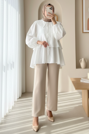 Bebe Yaka Önü Bağcıklı Eteği Katlı Kimono -Beyaz