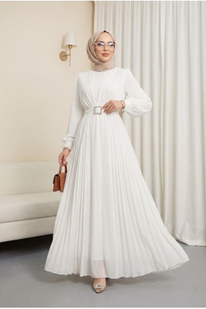 Kemeri Taşlı Önü Pileli Tesettür Elbise   -Beyaz