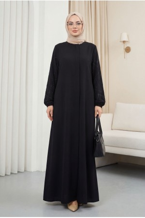 Kolları Taşlı Büyük Beden Ferace Siyah HM2801