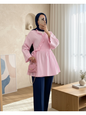 Linen Kimono with Side Tie and Ruffle Collar  -Pink