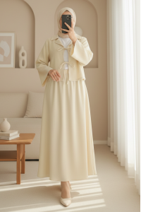 Front Tie Skirted Crinkle Suit - Beige