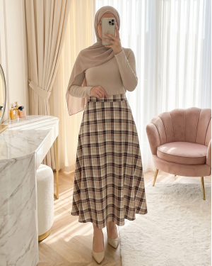 Elasticated Waist Plaid Pattern Polyviscose Skirt -Brown