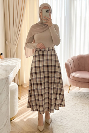 Elasticated Waist Plaid Pattern Polyviscose Skirt -Brown