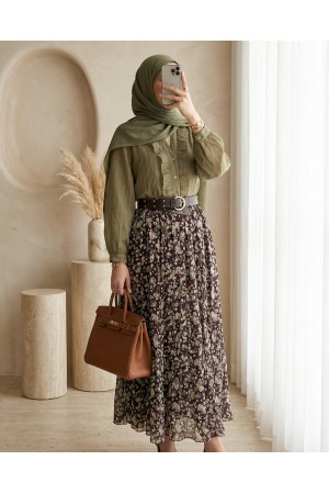 تنورة شيفون مبطنة بنقوش زهرية مع حزام سميك -خاكي