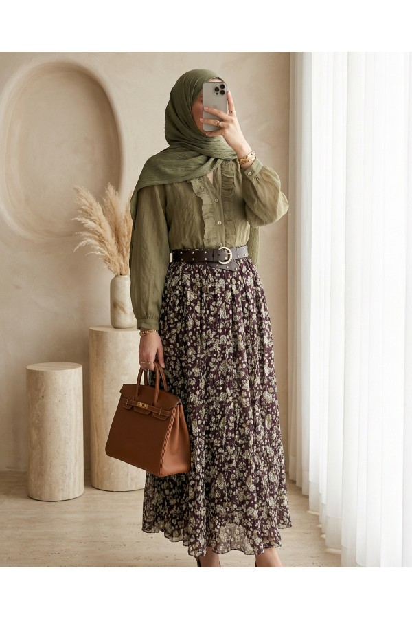 Floral Patterned Lined Chiffon Skirt with Thick Belt -Khaki
