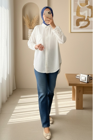 Tek Cepli Düğmeli Keten Gömlek -Beyaz