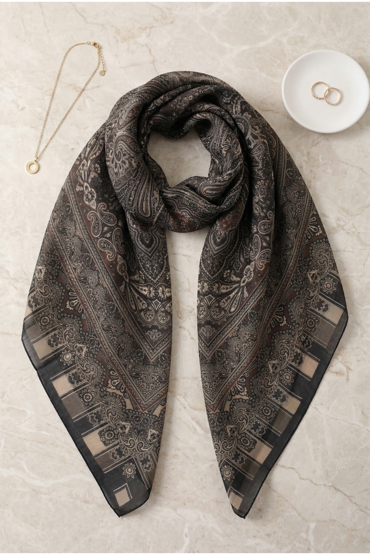 Authentic Patterned Cotton Scarf  -Mink color