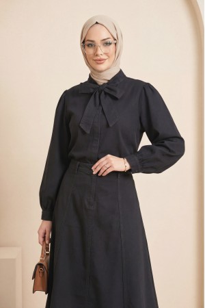 Yakası Bağlamalı Fermuarlı Etekli Kot Takım  -Siyah