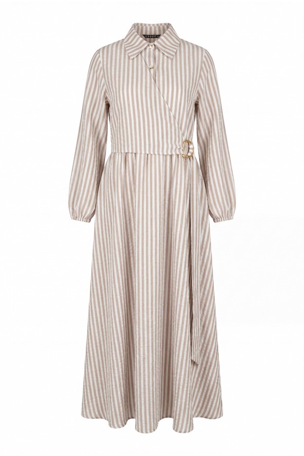 Shirt Collar Half-Button Buckle Side Tie Striped Linen Dress -Mink color