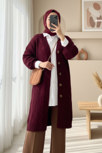 Saç Örgü Detaylı Düğmeli Kalın Triko Hırka     -Bordo