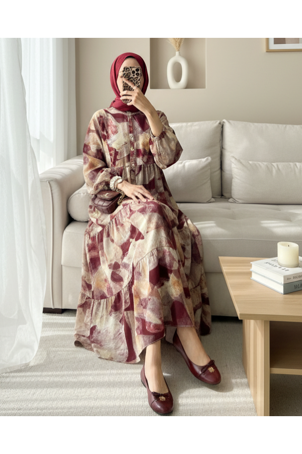 Half Buttoned Elastic Sleeve Batik Patterned Dress-Maroon