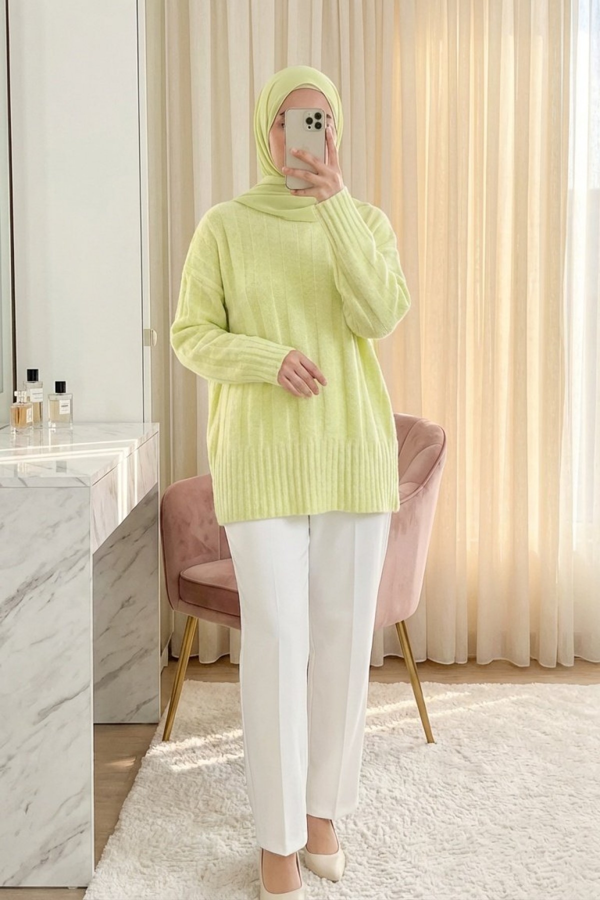 Half-Neck Striped Patterned Soft Knit Sweater -Yellow