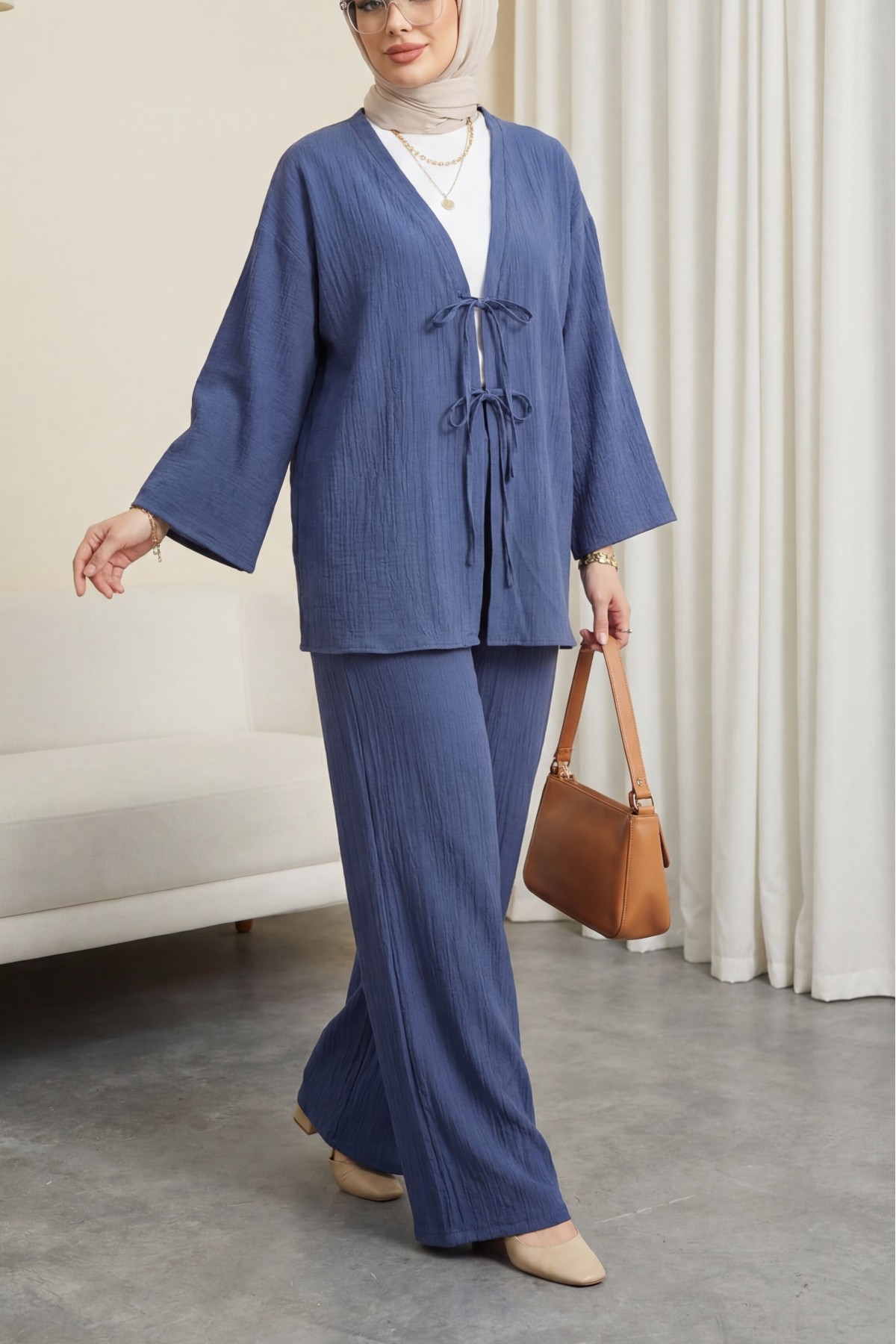 Crinkle Suit with Double Laced Front Trousers -İndigo