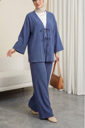 Önü Çift Bağcıklı Pantolonlu Krınkıl Takım -İndigo