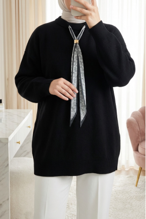 Yuvarlak Yaka Fularlı Salaş Triko Tunik    -Siyah