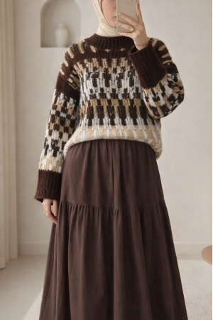 Three-Color Patterned Thick Knit Sweater -Brown