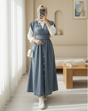 Boydan Düğmeli V Yaka Sıfır Kol Kot Jile -Buz Mavi