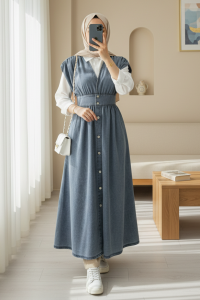 Boydan Düğmeli V Yaka Sıfır Kol Kot Jile -Buz Mavi