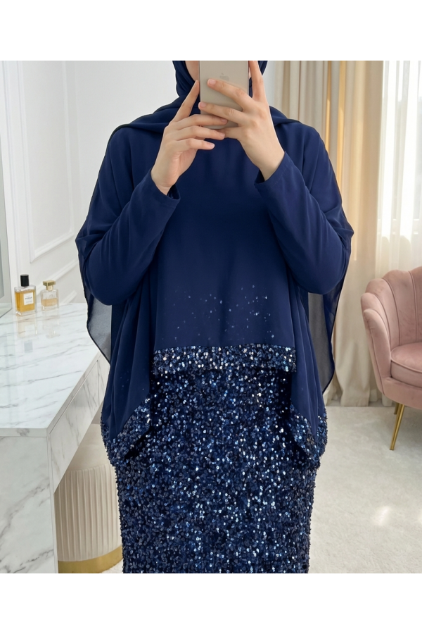 Cape Dress with Sequin Details on the Neckline and Hem -Navy blue