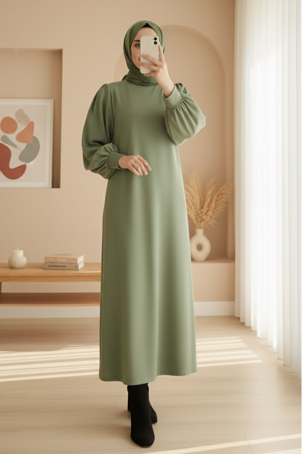 Round  Neck Long Oysh Dress -Cagla Green