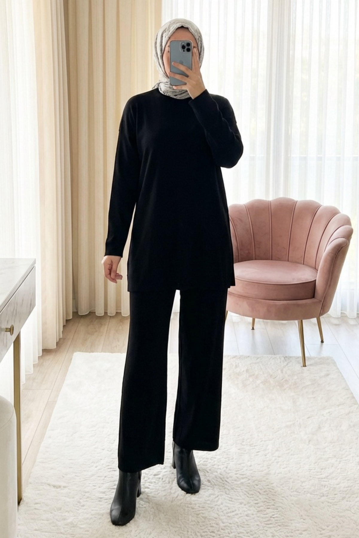 Crew Neck Short Tunic and Pants Simple Two-Piece Hijab Tracksuit Set