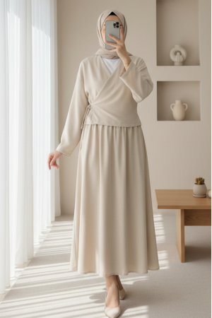 Yandan Bağlamalı Etekli Keten Takım  -Bej