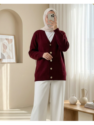 Önü Düğmeli Sakallı Salaş Triko Hırka -Bordo