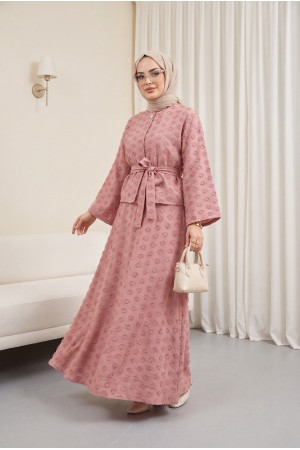 Single Button Embossed Embroidered Tie-Up Voile Crepe Set -Pink