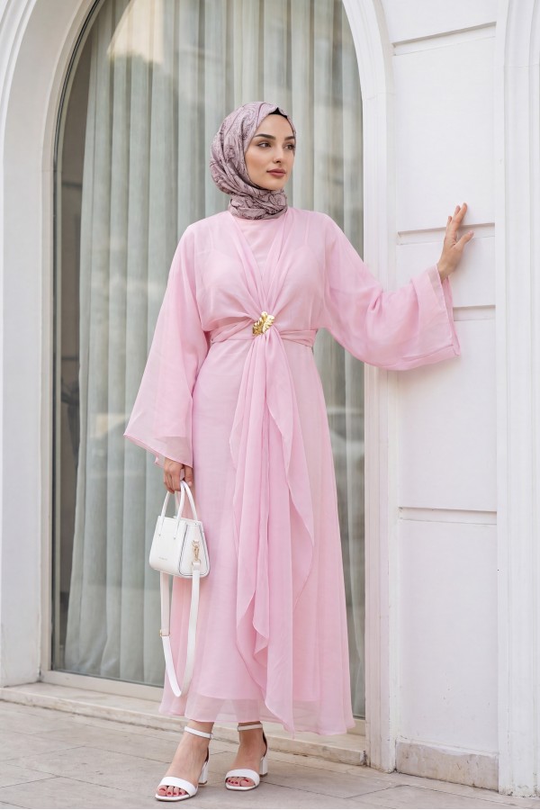 Long Tulle Modal Dress with Tie-Up Bolero and Lining -Pink