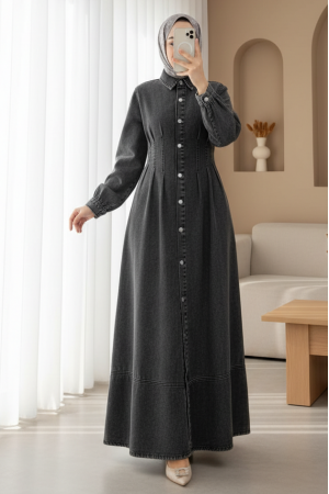 Pile Detaylı Boydan Düğmeli Cepli Kot Elbise -Füme