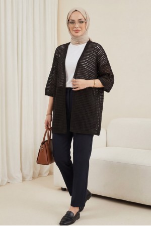 Yarasa Yarım Kol Ajurlu Triko Hırka  -Kahve