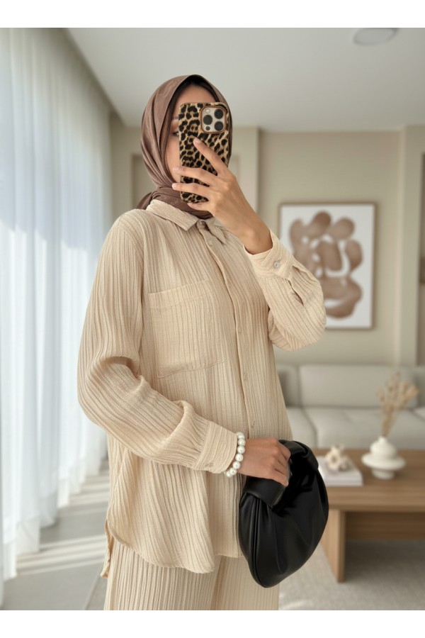 Single Pocket Corduroy Tencel Fabric Two Piece Suit - Beige