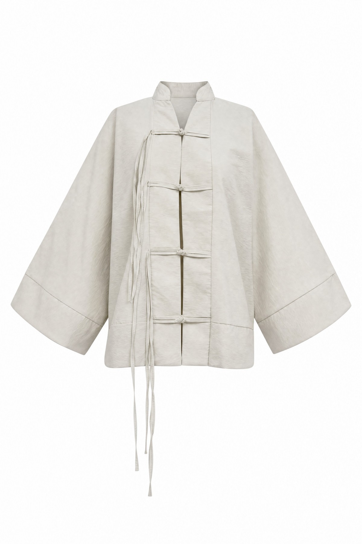 Chinese Knot Closure Mandarin Collar Parachute Kimono -Stone