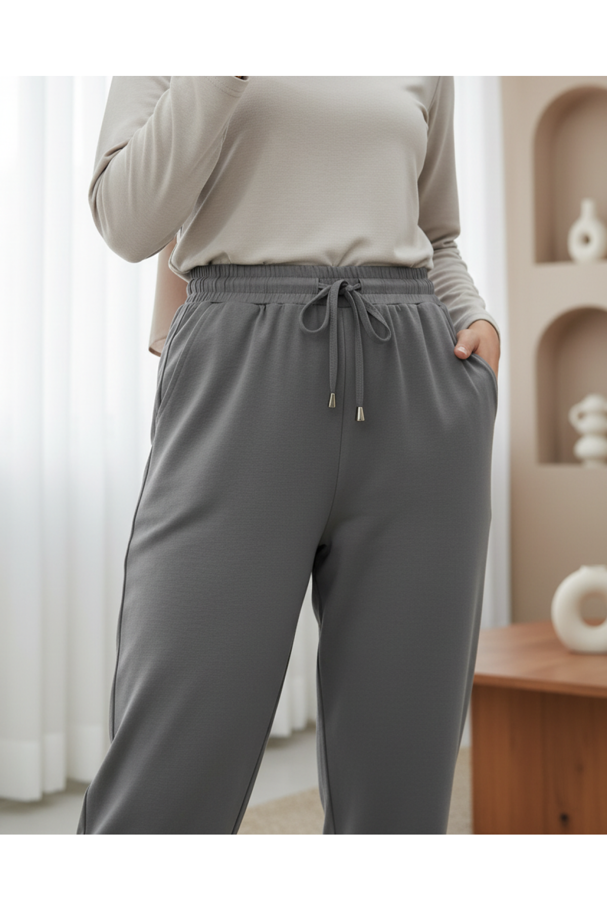 Çift Cepli Beli Lastikli Bağcık Detaylı Pantolon  -Füme